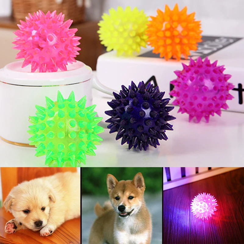 JX-LCLYL Pet Dog Puppy LED Light Up Elastic Rubber Spike Ball Fun Toy Random Color