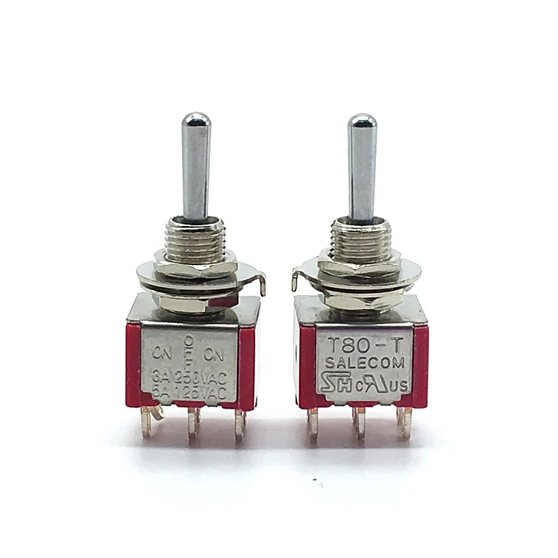 2pcs Mini Latching/Reset Toggle Switch T80-T ON ON/ON OFF ON 6 pins DPDT 2/3 Position  3A/250V 5A/125V 6mm