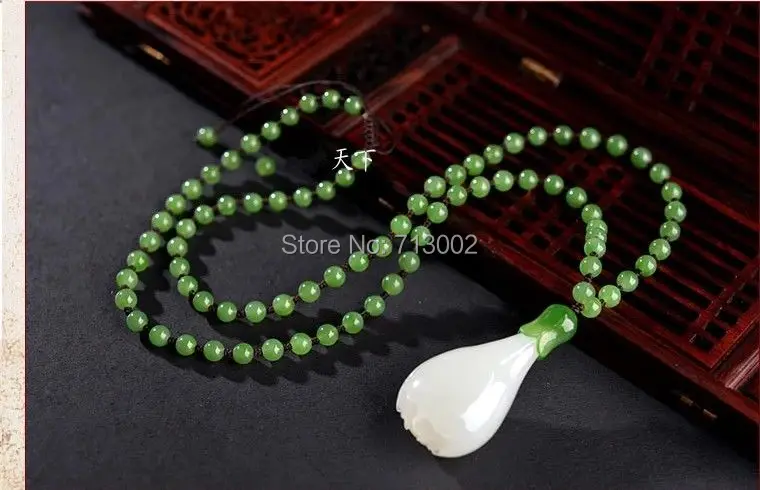 Nature White Jade Carven Amulet orchid Pendant With jasper Mala Bead Necklace