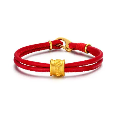 Solid 24K Yellow Gold Bracelet Lucky Six Words Tube Red Leather Bangle 17cm