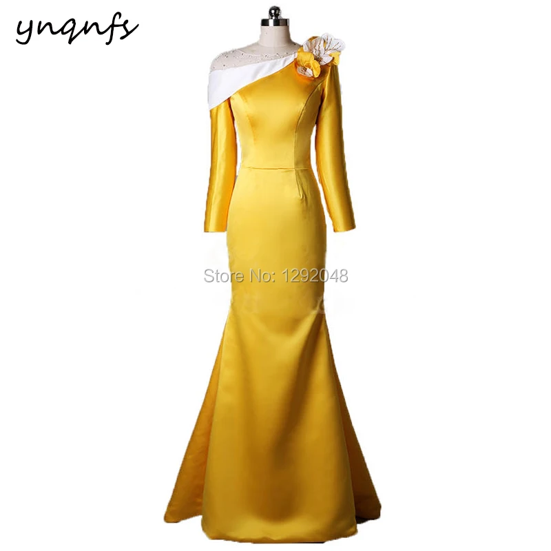 YNQNFS – robe sirène en Satin blanc jaune, à manches longues, avec fleurs faites à la main, pour mère des mariés, 2019, M177