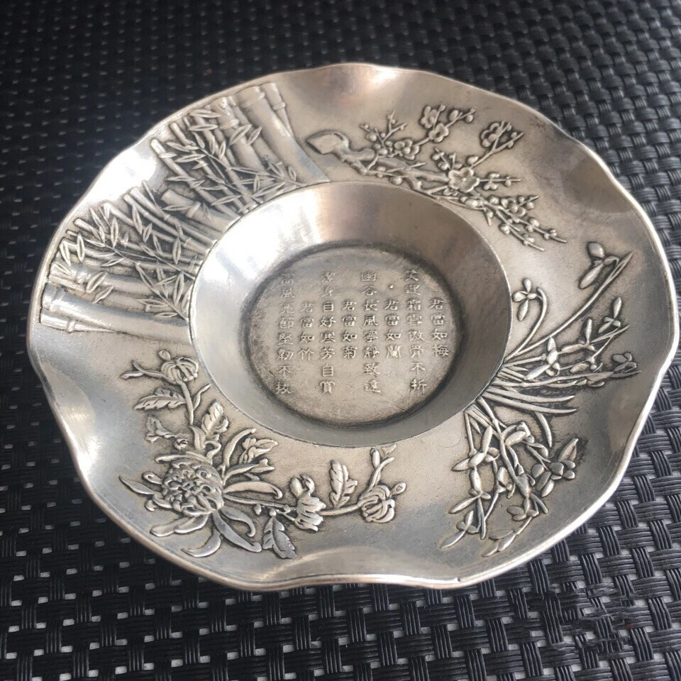 Collection Chinese Silver Carved Plum Orchid, Bamboo Chrysanthemum Round Plate Dish Exquisite Small Statue