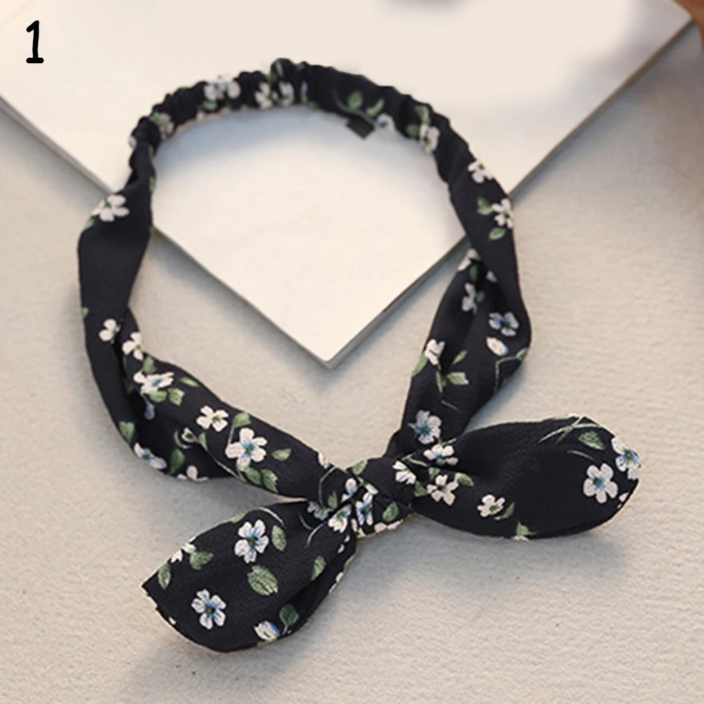 Retro Women Rabbit Ear Printing Headband Bowknot Elastic Iron Wire Hair Bands Leopard Floral Scrunchie Hair Accessories Headwrap