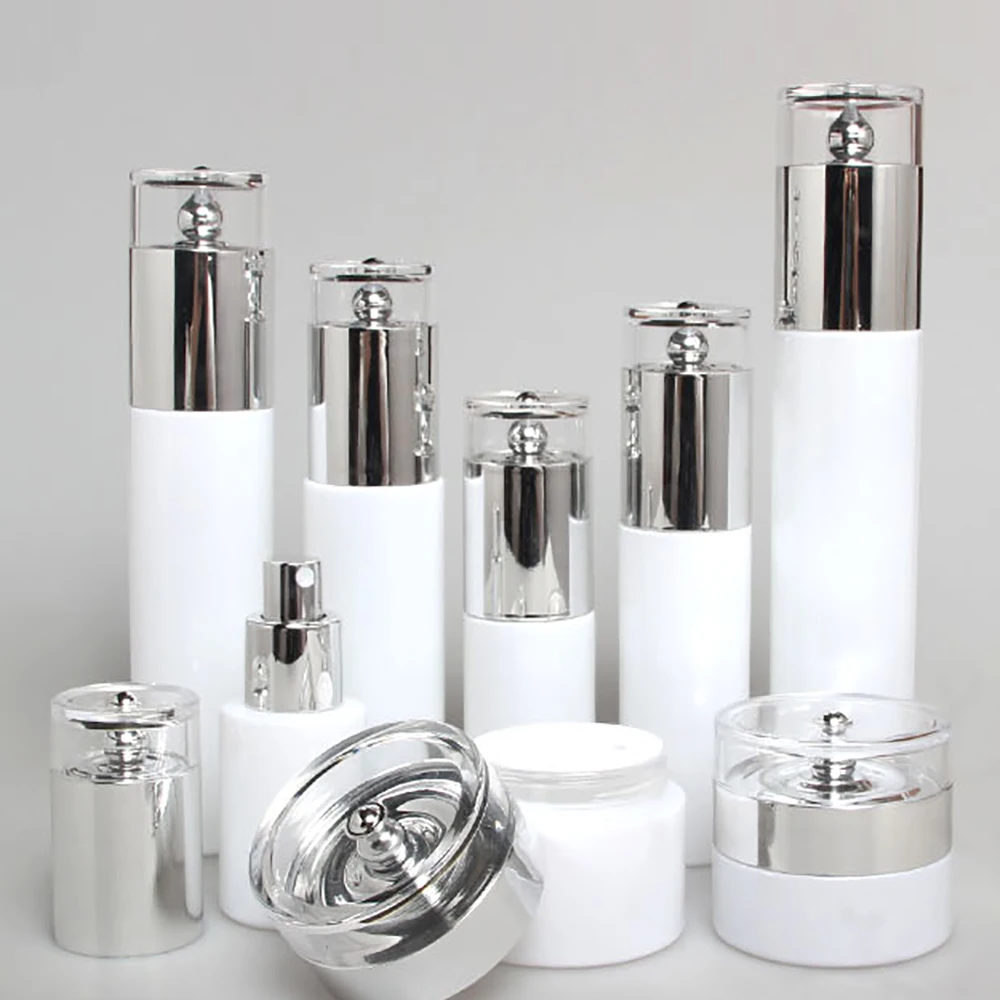 60ml spray bottle aluminium silver lids, natural cosmetic bottle lotion pump glass packaging