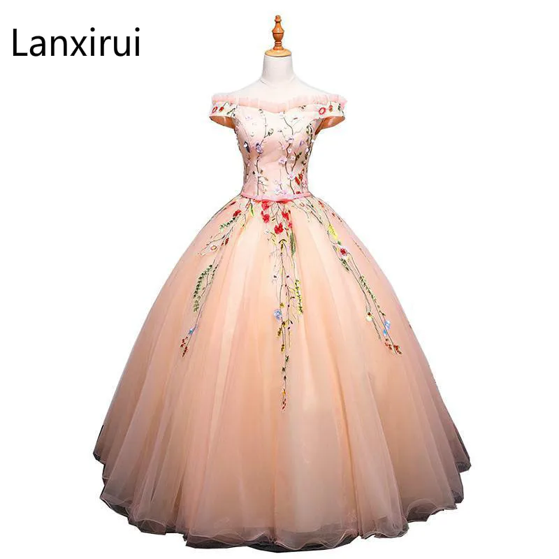 

Lanxirui Dresses New The Short Sleeve Luxury Embroidery Floor-length Ball Gown Off The Shoulder Sweet Candy Color Dress