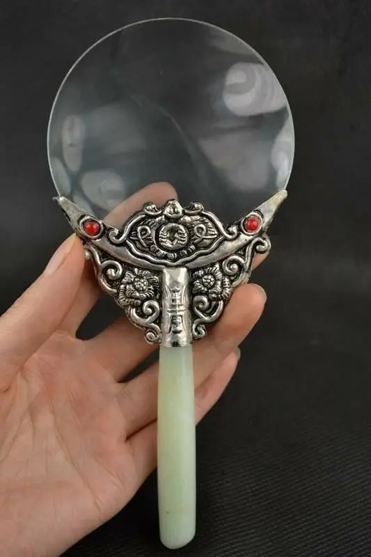 Old Decorated Handwork Jade Armoured Miao Silver Flower Usable Magnifying Glass