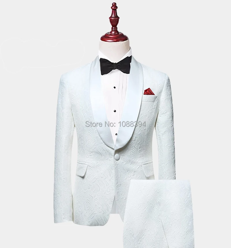 

2024 New Arrival White Paisley Mens Suits Groom Tuxedos Groomsmen Wedding Party Dinner Best Man Suits (Coat+Pants+Bow)