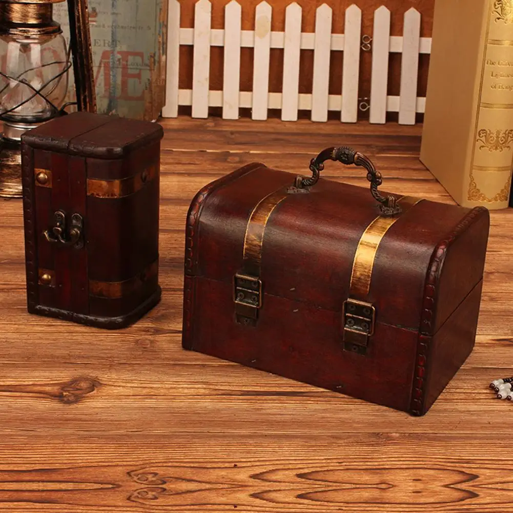 Leather Treasure Chest Decorative Box Wooden Chest Trunk Ornaments Holder Jewelry Wooden Box Vintage Style Suitcase Case