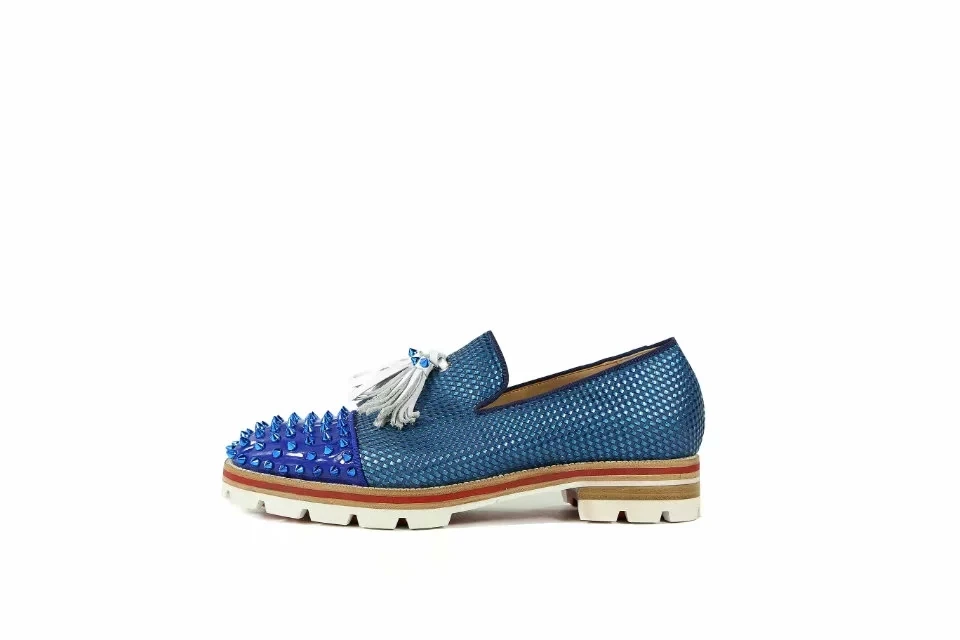 Blue Metal Rivets Studs Loafers Embossed Leather Patched Men Casual Shoes Tassel Spiked Platform Sole Low Top Male Slip on Shoe