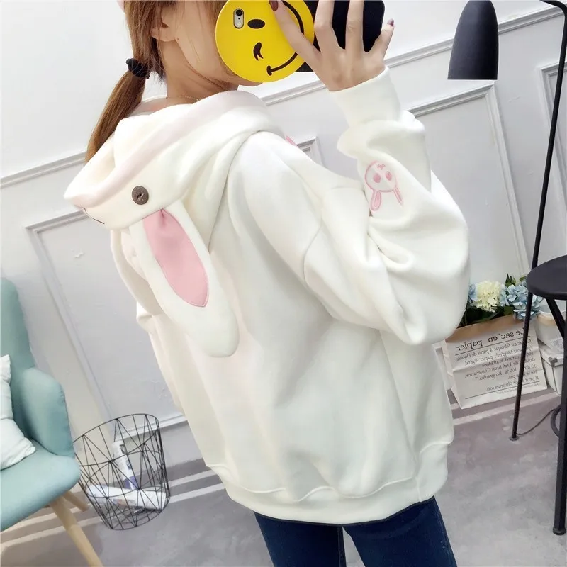 Kawaii Sweet Rabbit Ears Hooded Sweatshirt Women Harajuku Cute Hoodies Loose Embroidery Cartoon Tracksuits Pullovers Moletom