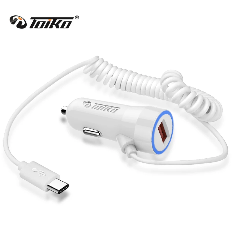 TOIKO 3.4A 5V USB Car Charger for Samsung Xiaomi Oneplus Cell Phones with Type-C Plug Cable Universal Port Charge Adapter White