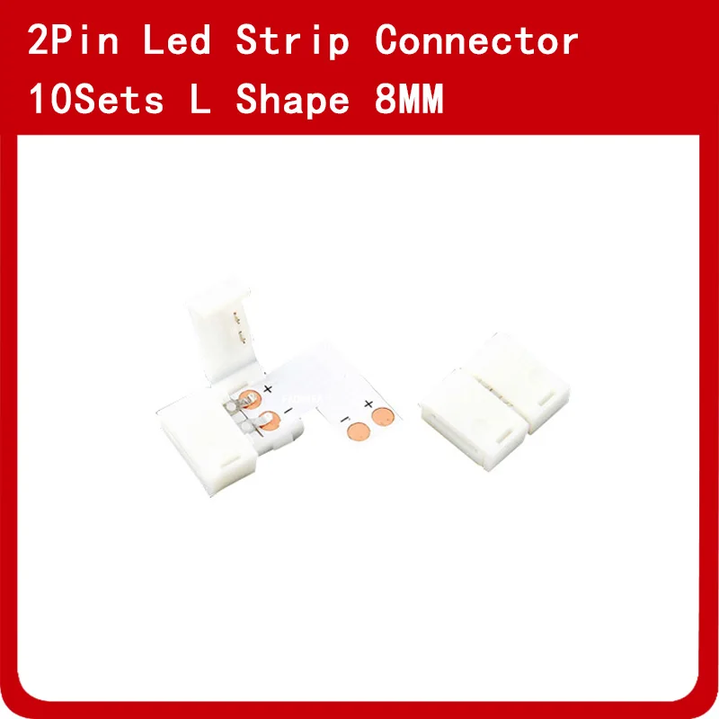 10sets/lot 90 Degree 8mm L shape Solderless adapters 2 Pin Coupler Connectors with clips for 12V 3528 single color LED Strip