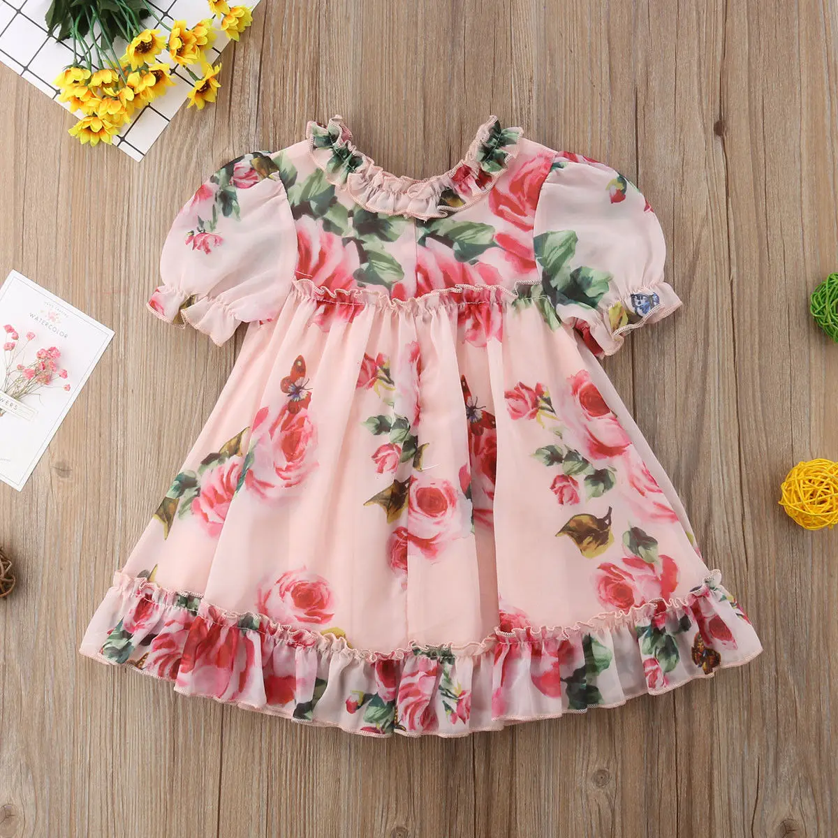 Cute Baby Girls Dress Flower Puff Sleeves Princess Dress Children Wedding Party Pageant Tulle Dress Sundress 1-5Y