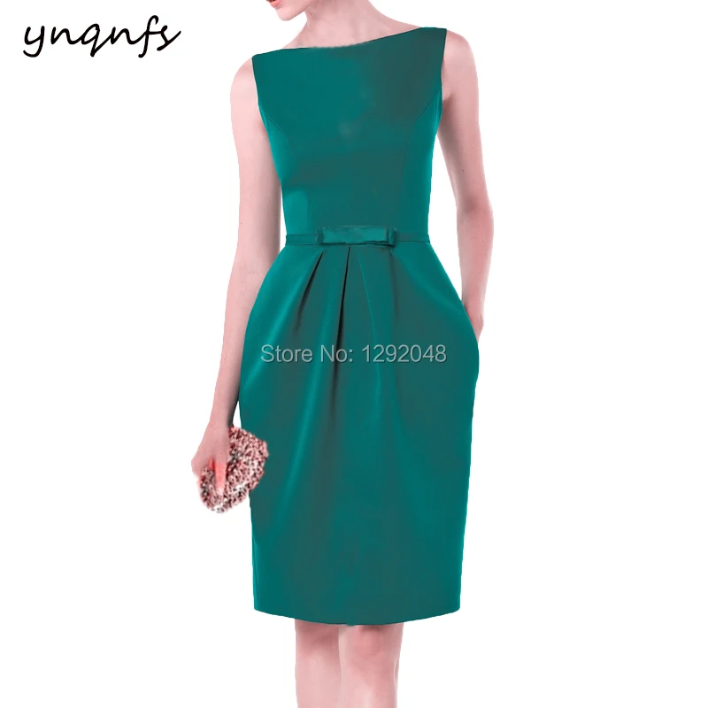 

YNQNFS M112 Vintage Pockets Satin Dress Party Gown Guest Wear Knee Length Emerald Green Mother of the Bride Groom Dresses