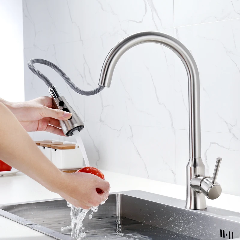 New Design Nickel Brushed Kitchen Pull Out Water Tap Swivel Spout Sink Faucet 360 Degree Rotation Cold and Hot Mixer Tap