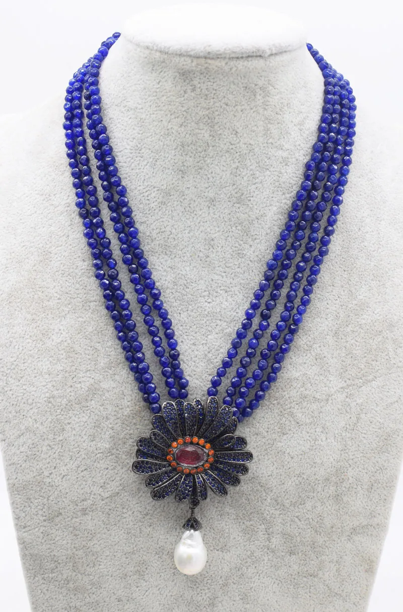 4rows freshwater pearl baroque and blue jade round faceted  necklace& blue flower zircon pendant