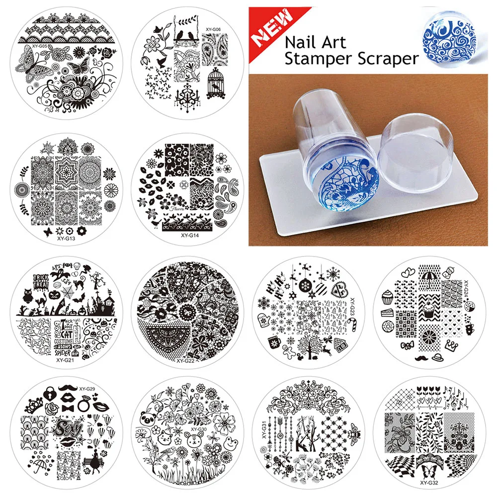 

Kimcci 10pcs Nail Art Stamping Plates + 1 Set Pure Clear Silicone Nail Art Stamper+Plastic Scrape Nail art Stencil Templates