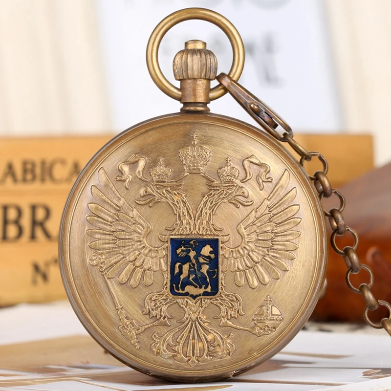 Double-headed Eagle Coat Of Arms Russian National Emblem Badge Pure Copper Tourbillon Mechanical Pocket Watch Art Collectibles