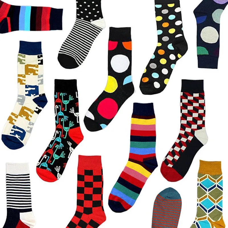 Men Happy Funny Socks Geometric Stripe Square Dot Colorful Personality Male Korea Street Harajuku Hip Hop Socks Autumn Winter