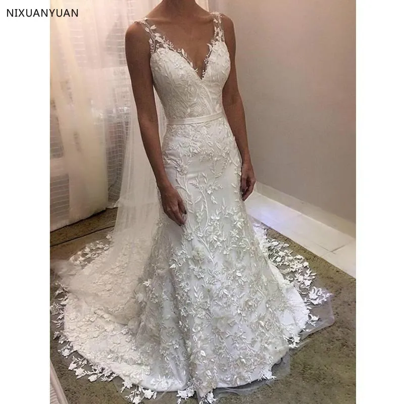 

Modest White Lace Mermaid Wedding Dresses V-neck Backless 3D Flower Bead Vestido De Noiva Sweep Train Bridal Dress Wedding Gowns