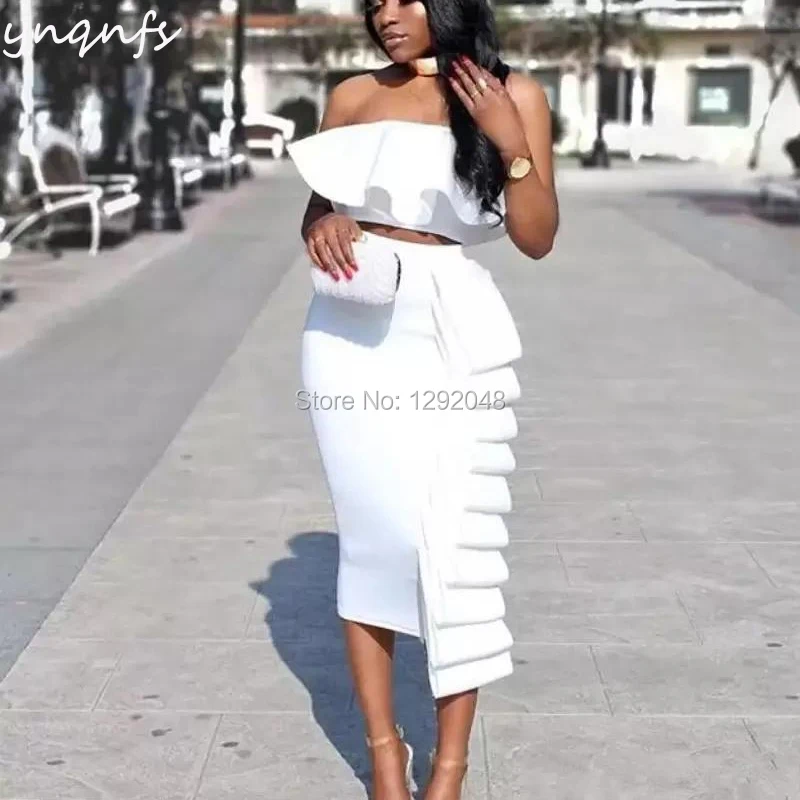 

YNQNFS C31 White Evening Dress Satin Tea Length 2 Pieces Ruffled Robe Cocktail Dress Mother's Dinner Costume فساتين سهرات