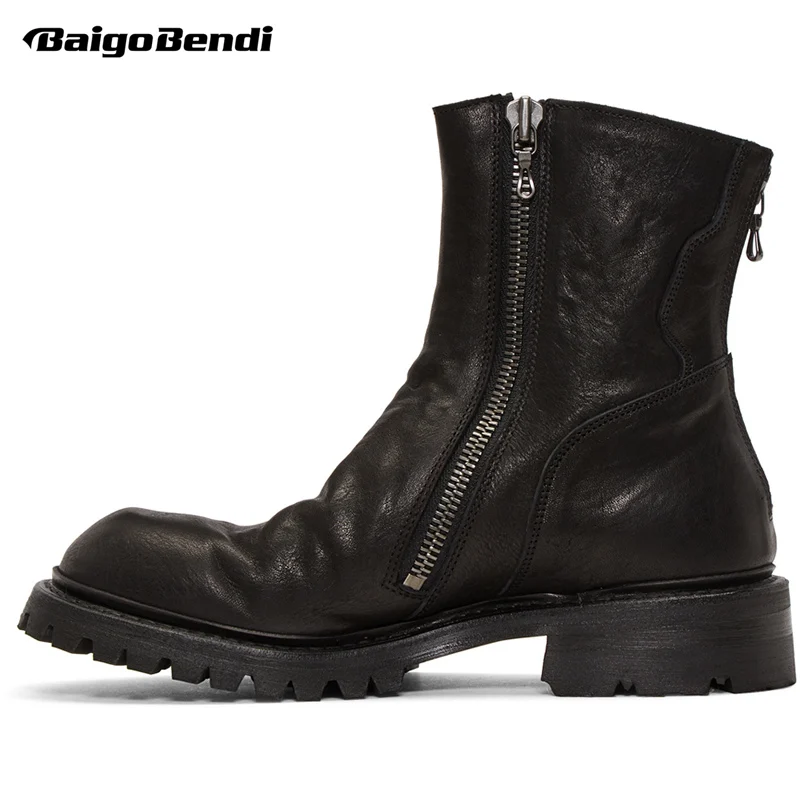 New Arrival Double Zip Motorcycle Boots Men\'s Full Grain Leather Fashion Winter Shoes All Black