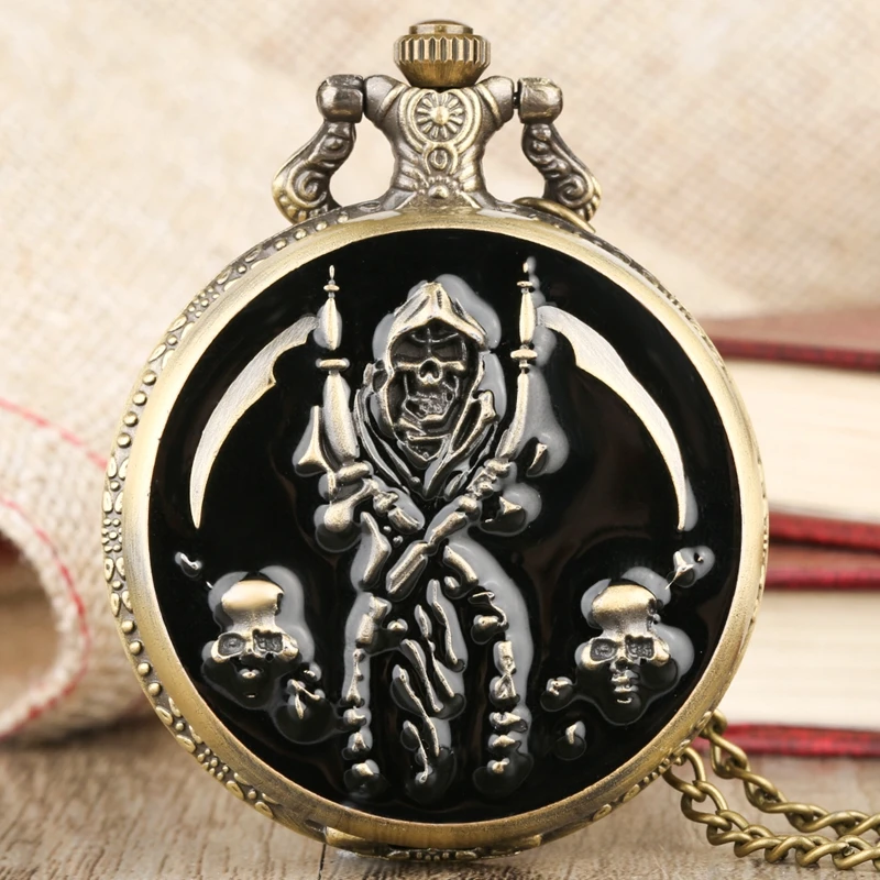 Montre de poche à Quartz avec crâne noir, pendentif, mode fantôme rétro, horloge à chaîne, cadeau Souvenir, fleur en rotin