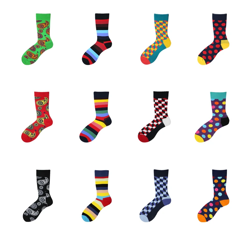 Men Socks Colorful Wave Point Diamond Lattice Stripe Happy Harajuku Hip Hop Skate Street Style Fashion Funny Male Cotton Socks