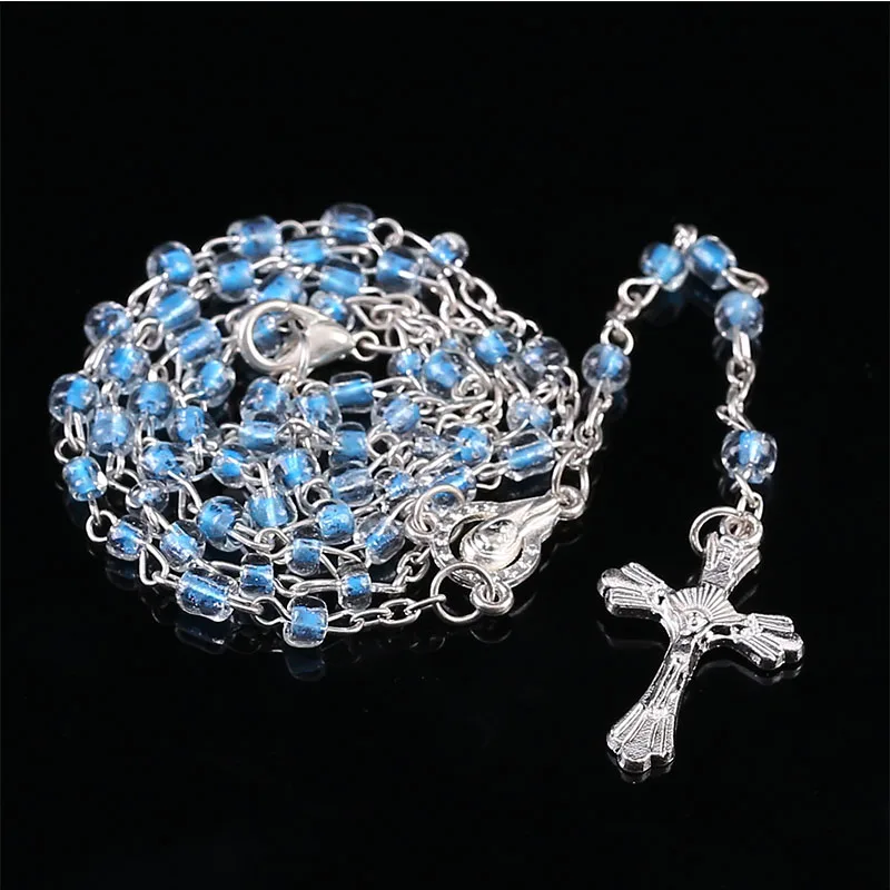 Color stainless steel rosary 4mm glass crystal not rosary beads cross necklace, prayer necklace jewelry Jesus Christ cross neckl