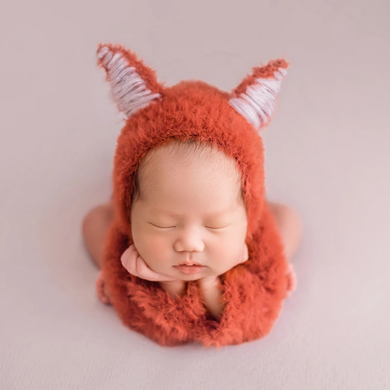 Fluffy Fox Hat And Diaper Outfit Newborn Knit Romper Photo Props Baby Footed Fox Romper Newborn Photography Props