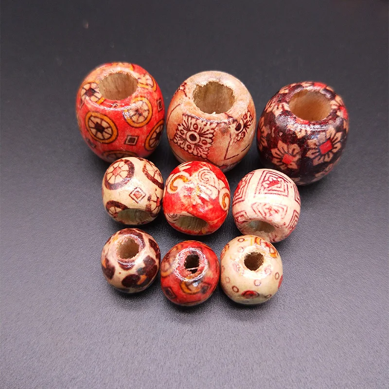 Multiple Styles Painted Drum Wood Beads Big Hole Beads For Charm Bracelet Jewelry Making Accessories DIY Beading