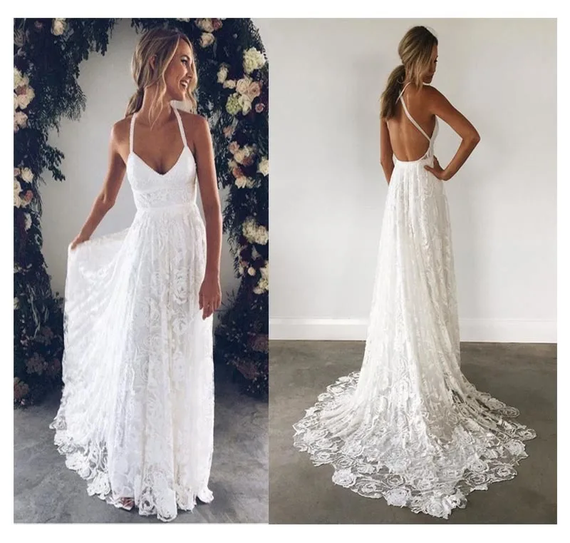 Lorie-vestido de noiva rendado para praia, elegante e alinhado, comprimento até o chão, em branco, marfim e chiffon, com as costas abertas