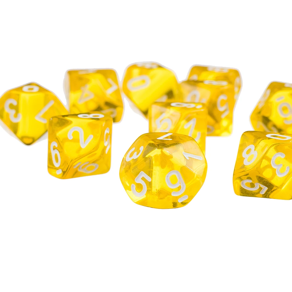 3 cm Plastic D10 Yellow Ten Sided Gem Dice for RPG Dungeons Dragons Games Set of 10 Dice