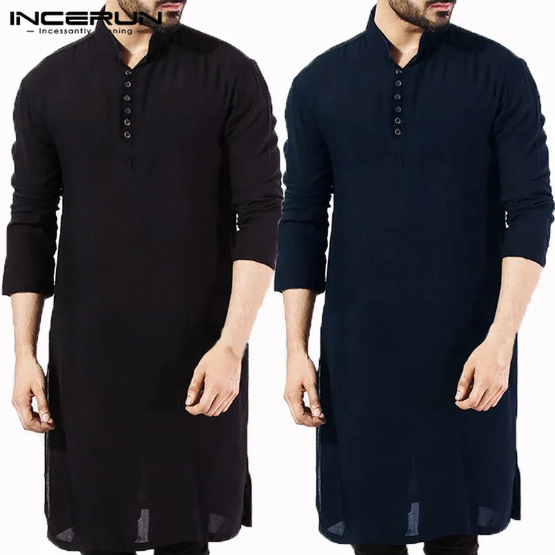 INCERUN Casual Shirt Dress  Long Sleeve Cotton Solid Men Long Shirt Vintage Indian Kurta Suit Pakistani Muslim Clothes 5XL