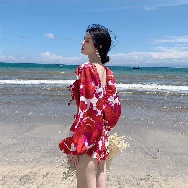 GALCAUR Summer Sexy Two Piece Set Women Square Collar Lantern Sleeve Crop Top High Waist Slim Shorts Female Suit Fashion 2020