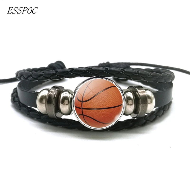 Soccer Basketball Volleyball Glass Alloy Button Bracelet Punk Multilayer Braided Leather Bracelet Football Sport Lover Gift