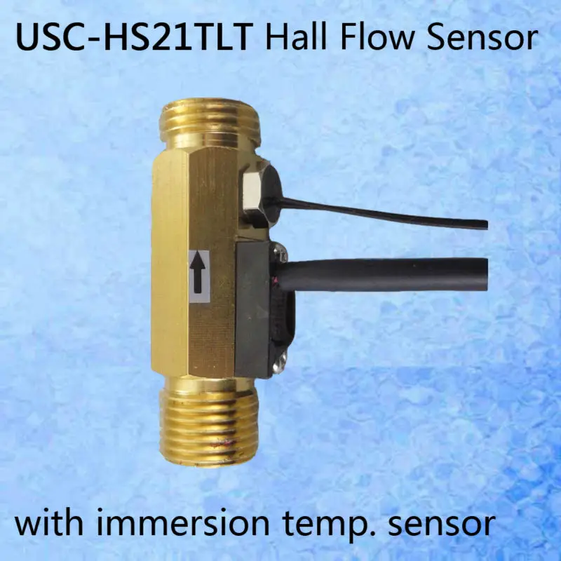 

USC-HS21TLT Low consumption Hall Effect Flow Sensor Water with NTC10K B=3950 Temp. Sensor Immersion1-30L/min BSP G1/2" flowmeter