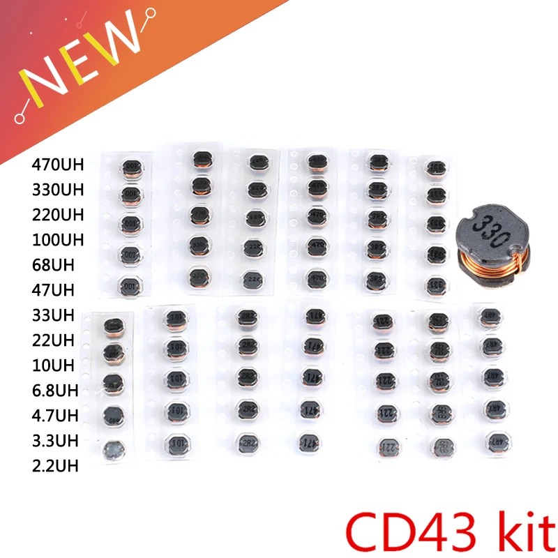 65PCS 13Values CD43 SMD Power Inductor Assortment Kit 2.2UH-470UH Chip Inductors High Quality CD43 Wire Wound Chip