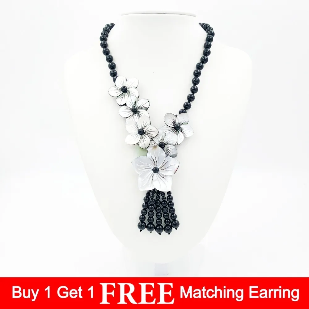 Lii Ji Real Stone Black Necklace Onyx Mother of Pearl Shell Flowers Tassels Necklace 49cm Women Jewelry Gift