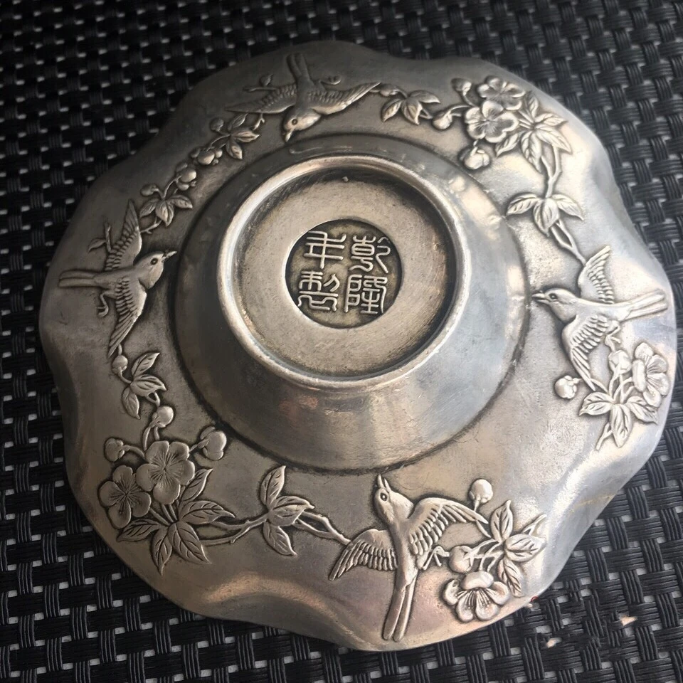 Collection Chinese Silver Carved Plum Orchid, Bamboo Chrysanthemum Round Plate Dish Exquisite Small Statue