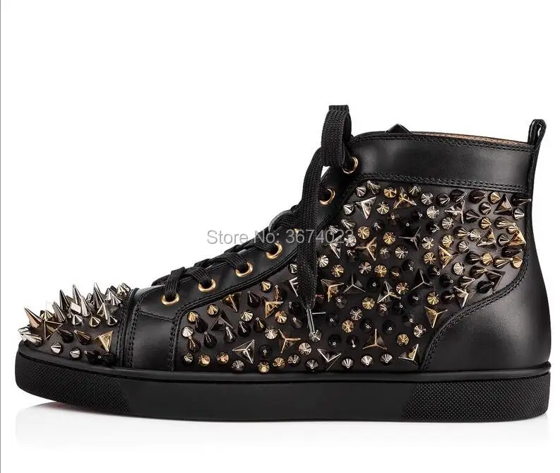 Qianruiti Men Spiked Sneakers High Top Rivets Studded Shoes Platform Flats Lace Up Casual Shoes Black White Red Gold