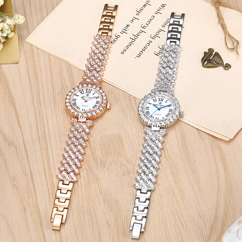 Luxury Jewelry Lady Women\'s Watch Fine Fashion Hours Prong Setting Bracelet Rhinestone Gold Plated Girl Gift Royal Crown Box