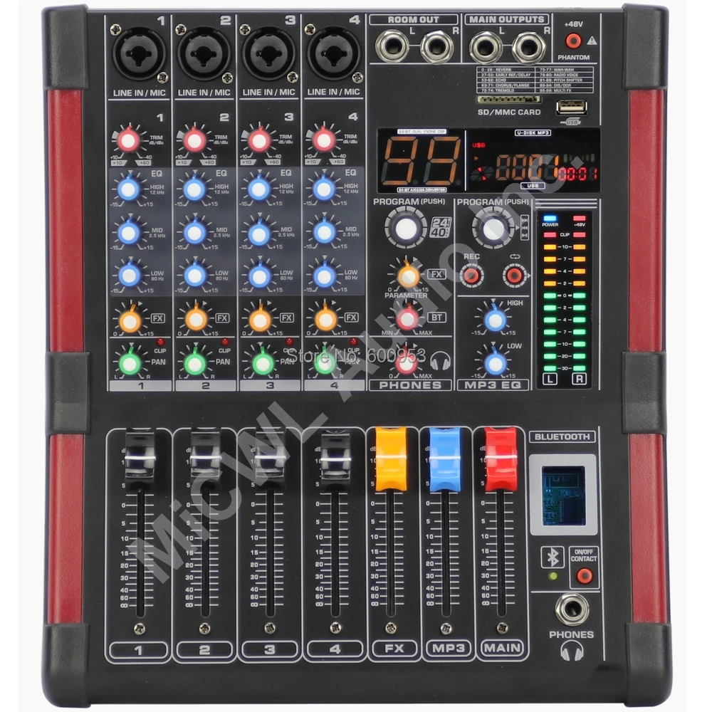 

4 Channels Bluetooth Mixer 99 Kinds of Digital Effects Equalizer Bluetooth Performance Mixer 48V Phantom USB SD Monitor Phones