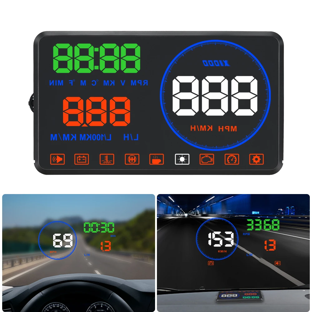 M9 سيارة رئيس متابعة العرض الزجاج العارض مع OBD2 و EUOBD 5.5 بوصة HD المسافة قياس هود عرض السرعة الزائدة إنذار