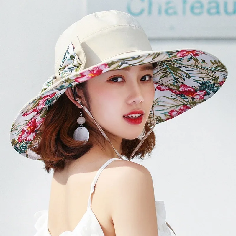 reversible summer hat for women Superlarge brim Beach cap sun hat female England Style girls bow Fedora hat