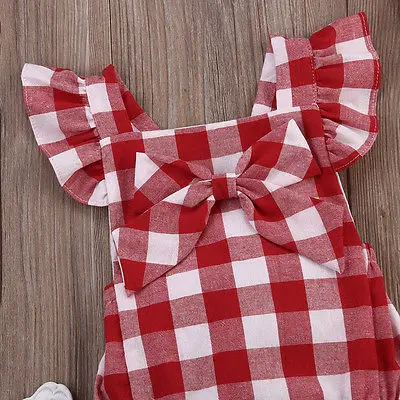 Fashion Toddler Baby Girl Romper Jumpsuit+Bowknot White&Red Plaid 100cmCotton Sunsuit Outfits Summer Clothes Infant Kids 0-18M