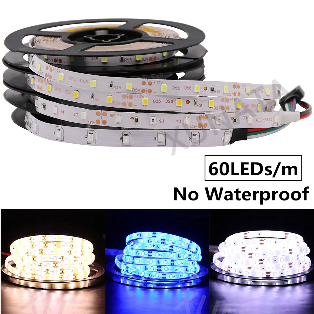 12V 2835 LED Strip RGB / White Warm / White / Blue Waterproof 60LEDs/m Flexible Ribbon Tape LED Light 5m/roll