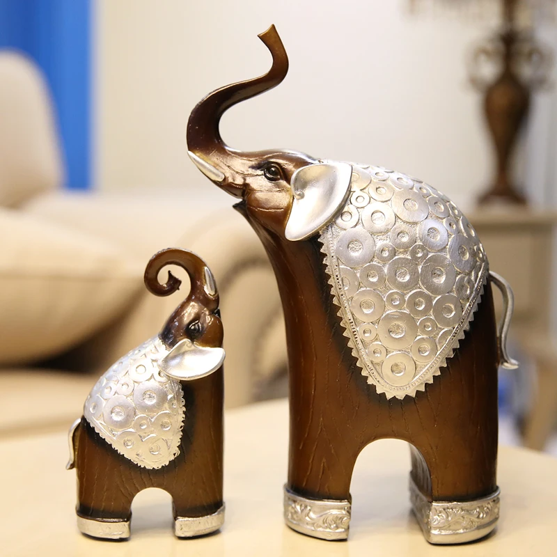 

Fortune Mascot Artificial Resin Royal noble 1Pair Classic Wood Grain Mother Son Elephants Resin Figurine Creative Animal Crafts