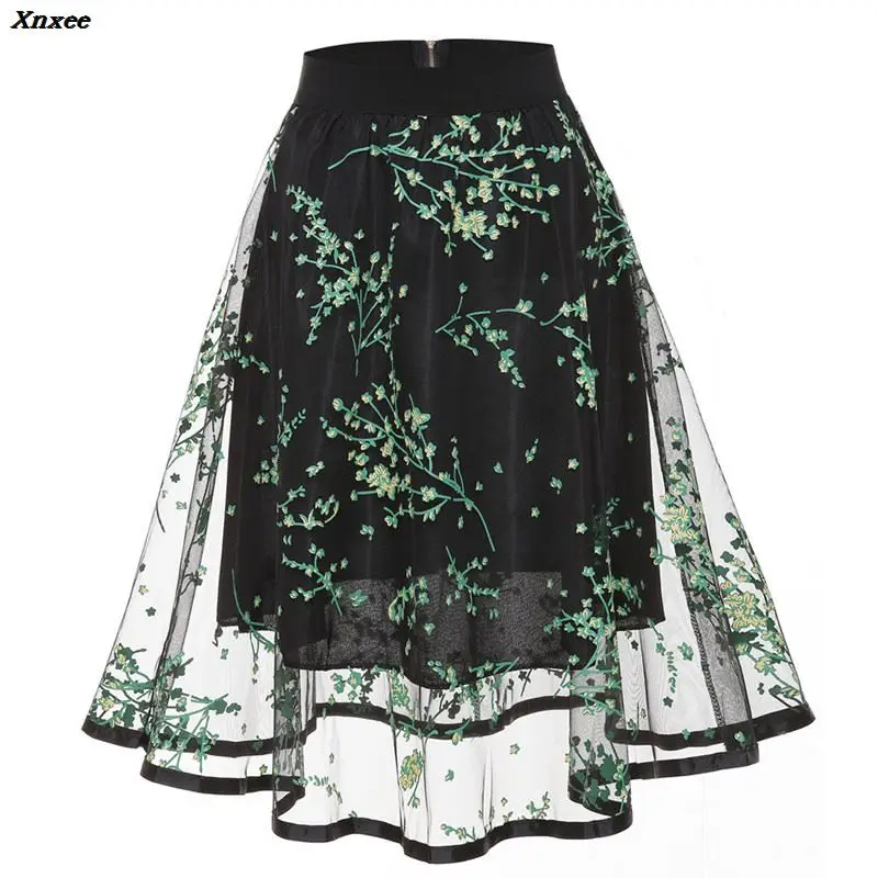 

2018 Skirts New Women Middle Long Calf Elastic Force Black Sequins Lace Sexy Splicing High Waist Downloa Girls Faldas Mujer