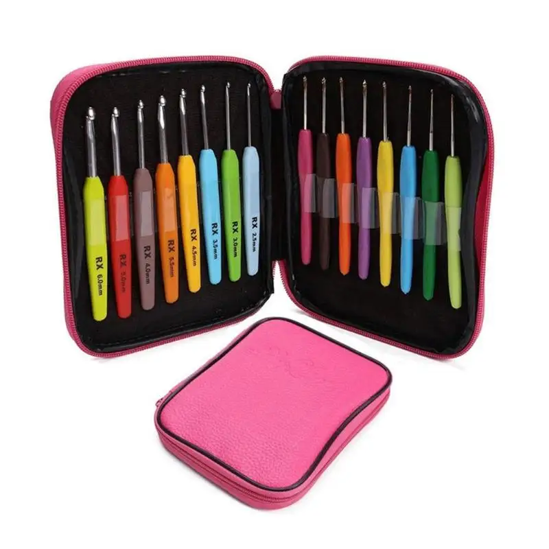 16 pçs/set alça macia de alumínio colorido crochê ganchos kit agulhas tricô caso artesanato conjunto crochê ferramentas de tecelagem costura